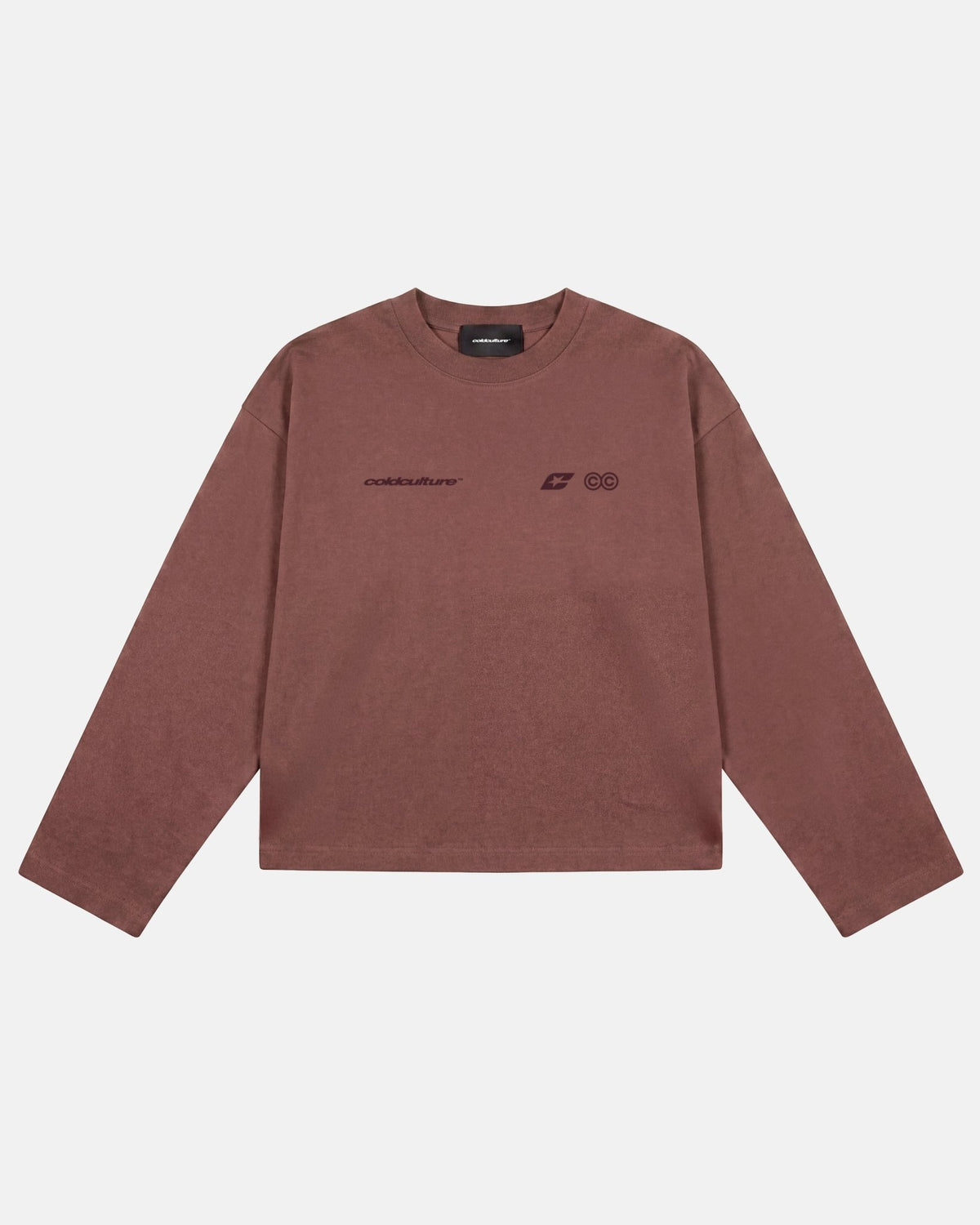 CURVED KNOTS LONGSLEEVE BROWN - brown logo print longsleeve tee, front view - Cold Culture #packshot