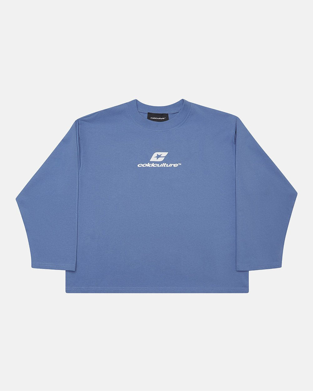 CURVED LONGSLEEVE BLUE - blue oversized longsleeve tee, front view - Cold Culture #packshot