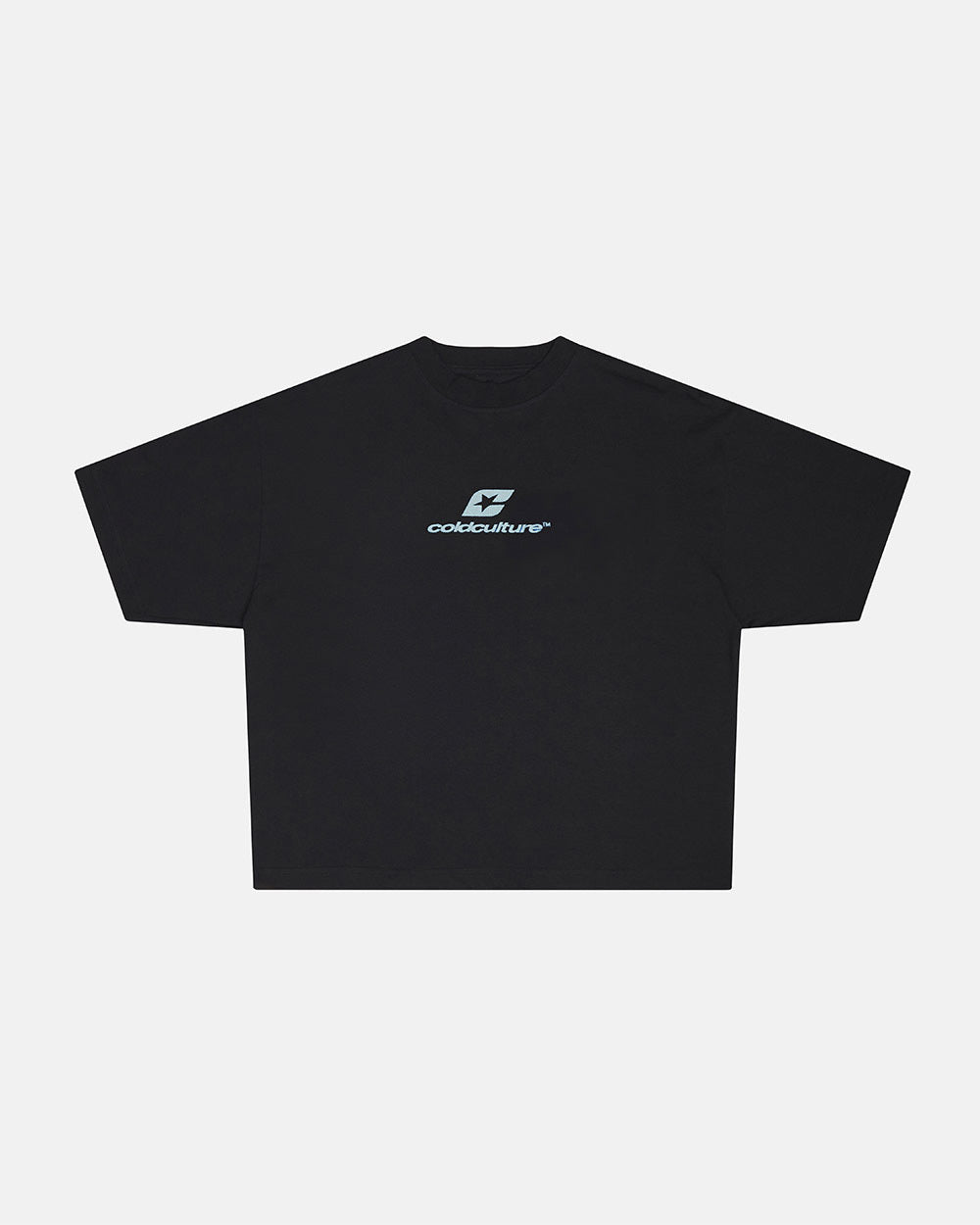 CURVED TEE BLACK & BLUE - black oversized tee, front view - Cold Culture #packshot