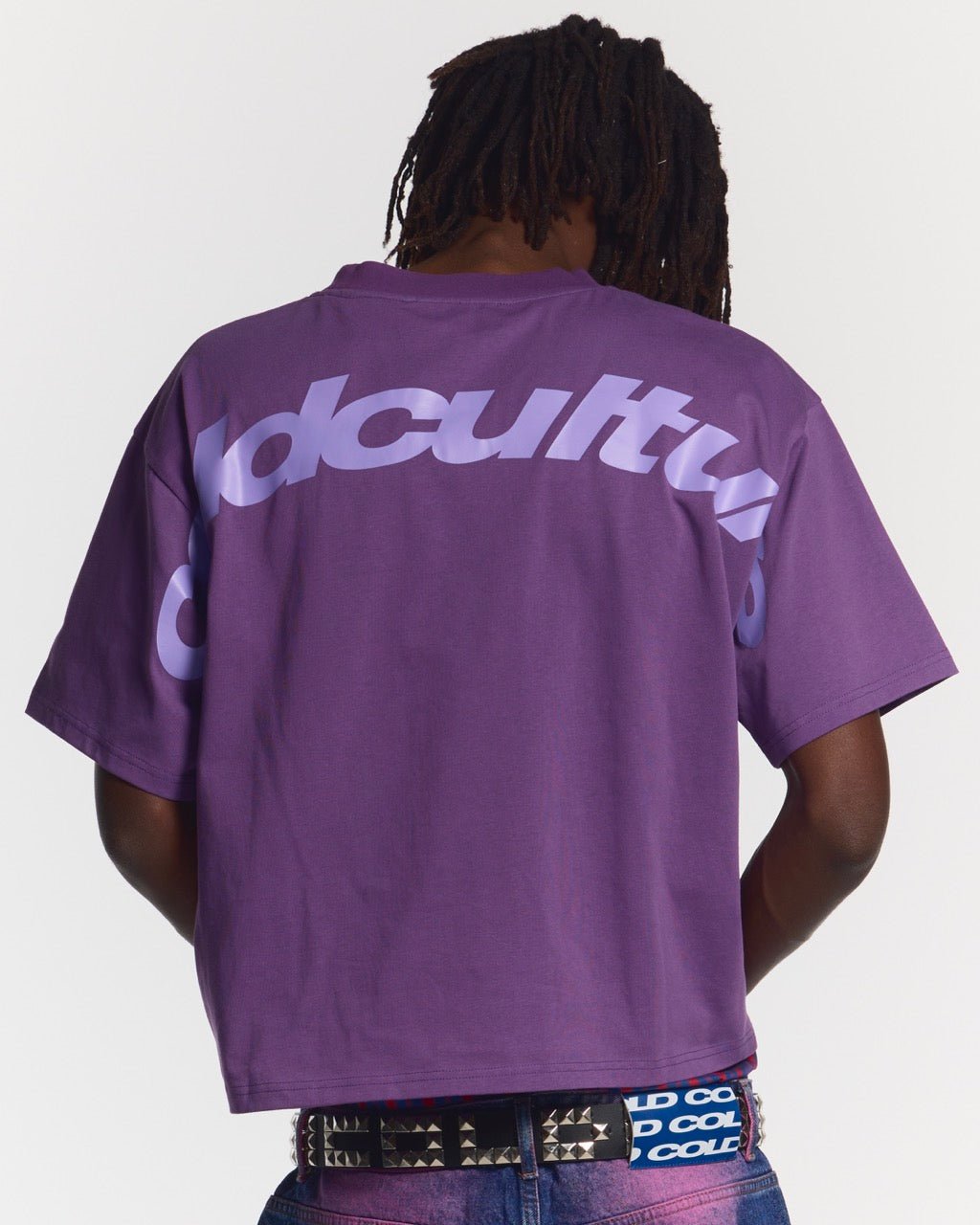 CURVED TEE BURGUNDY & PURPLE - purple oversized tee, back view on male model - Cold Culture #man