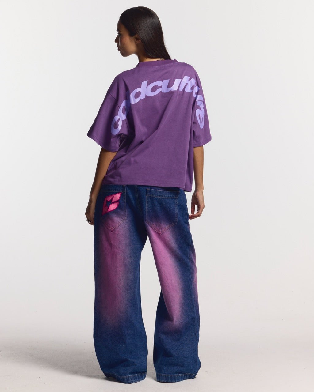 CURVED TEE BURGUNDY & PURPLE - purple oversized tee, back view on female model - Cold Culture #woman