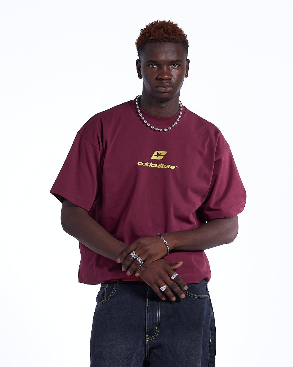 CURVED TEE BURGUNDY & YELLOW - burgundy oversized tee, front view on male model - Cold Culture #man
