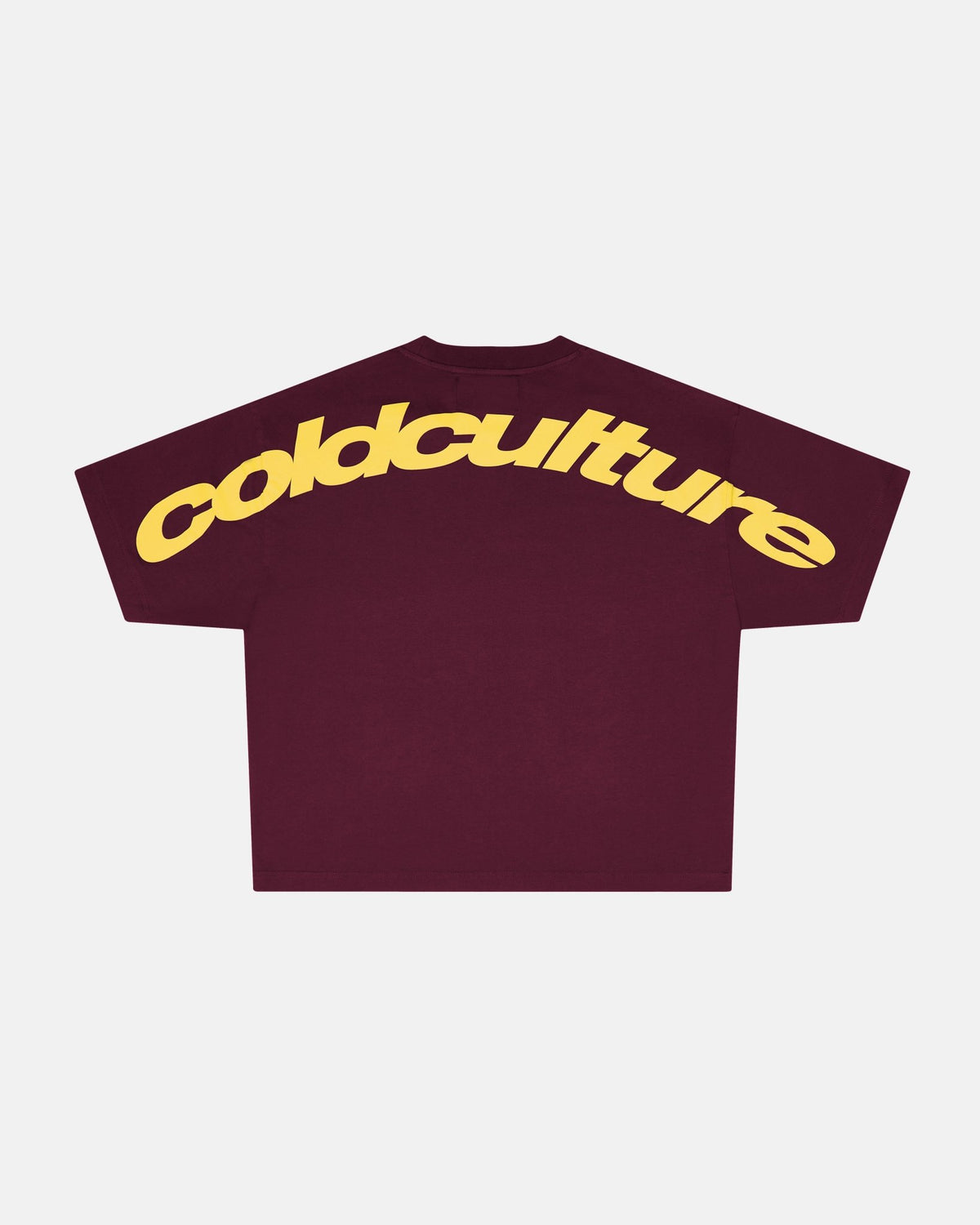 CURVED TEE BURGUNDY & YELLOW - burgundy oversized tee, back view - Cold Culture #packshot