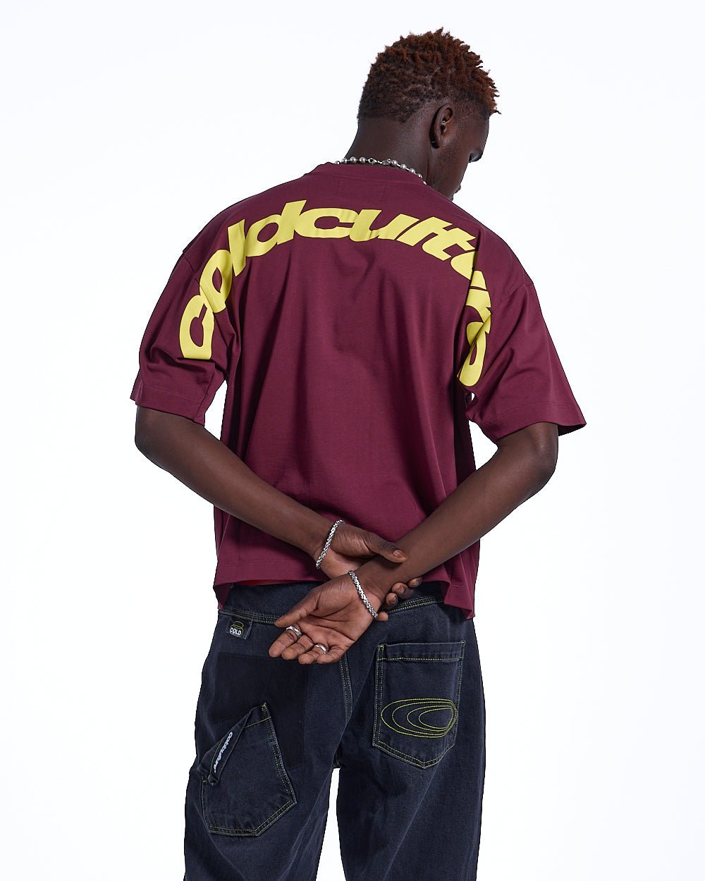 CURVED TEE BURGUNDY & YELLOW - burgundy oversized tee, back view on male model - Cold Culture #man