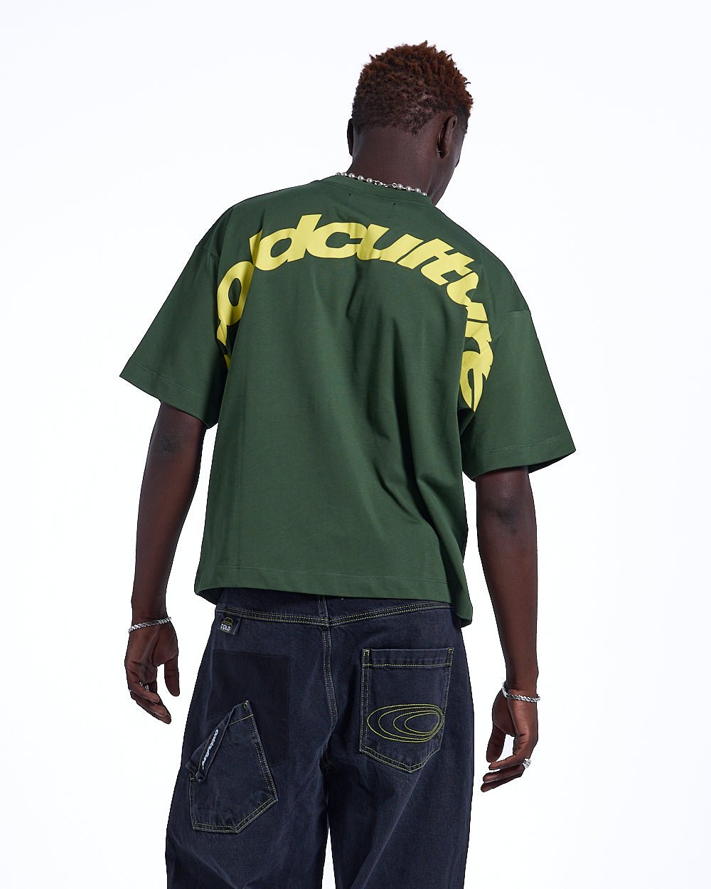CURVED TEE GREEN & YELLOW - green oversized tee, back view on male model - Cold Culture #man