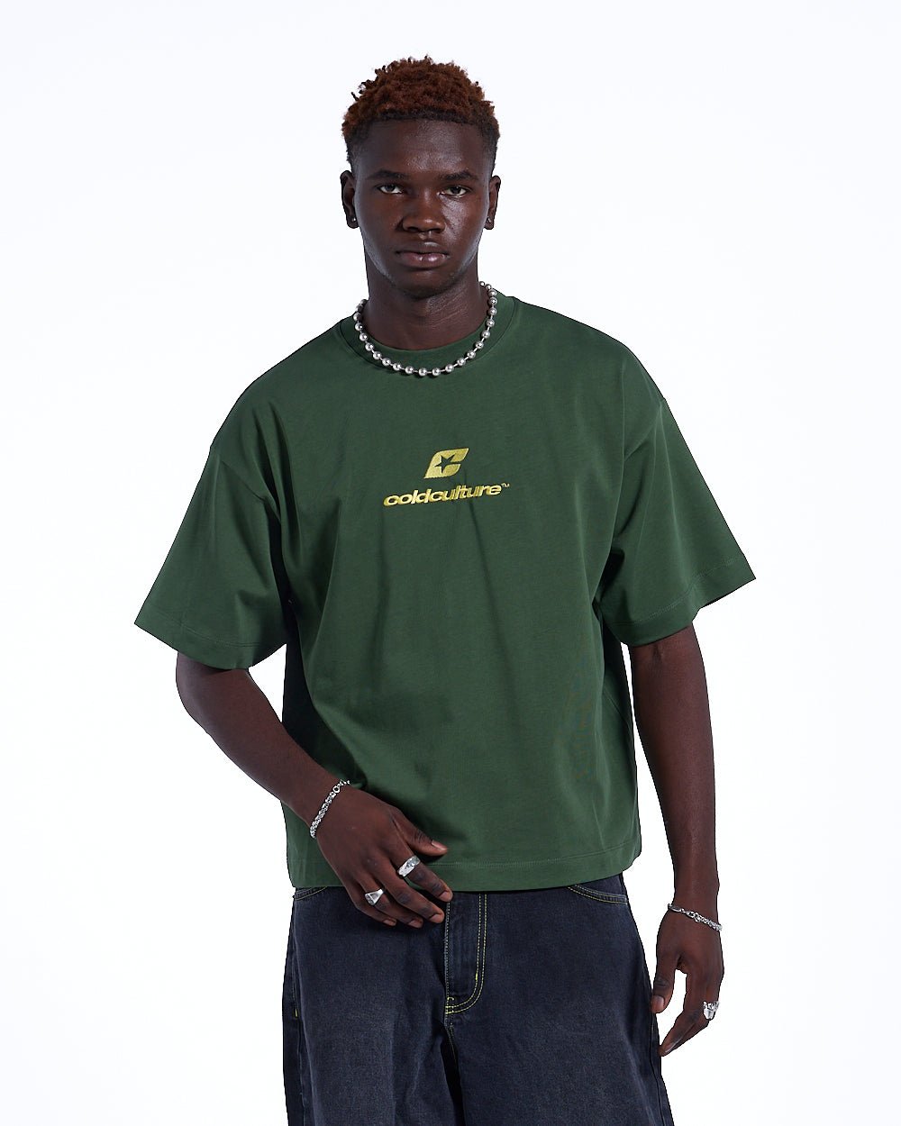 CURVED TEE GREEN & YELLOW - green oversized tee, front view on male model - Cold Culture #man