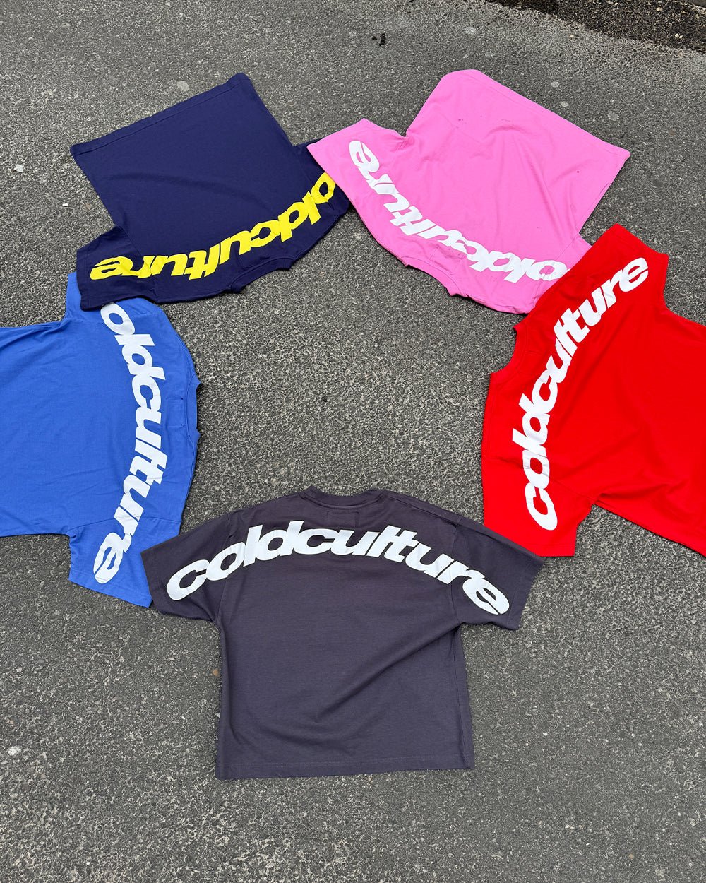 CURVED TEE NINE IRON - dark grey oversized tee, flat lay with matching pieces - Cold Culture