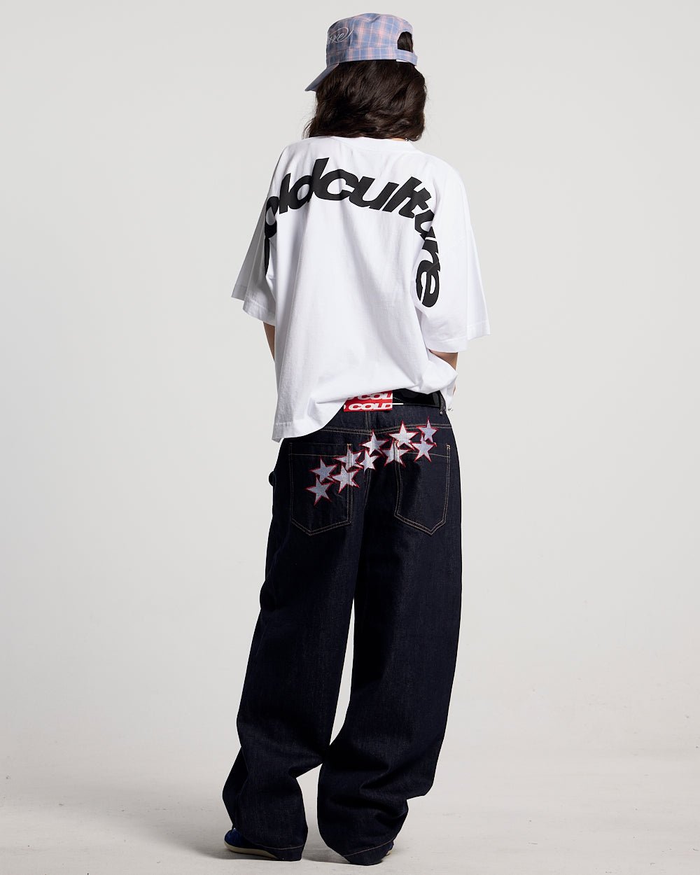CURVED TEE WHITE - white oversized tee, back view on female model - Cold Culture #woman