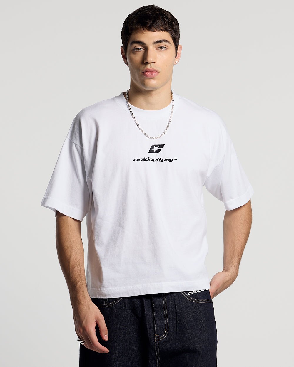 CURVED TEE WHITE - white oversized tee, front view on male model - Cold Culture #man