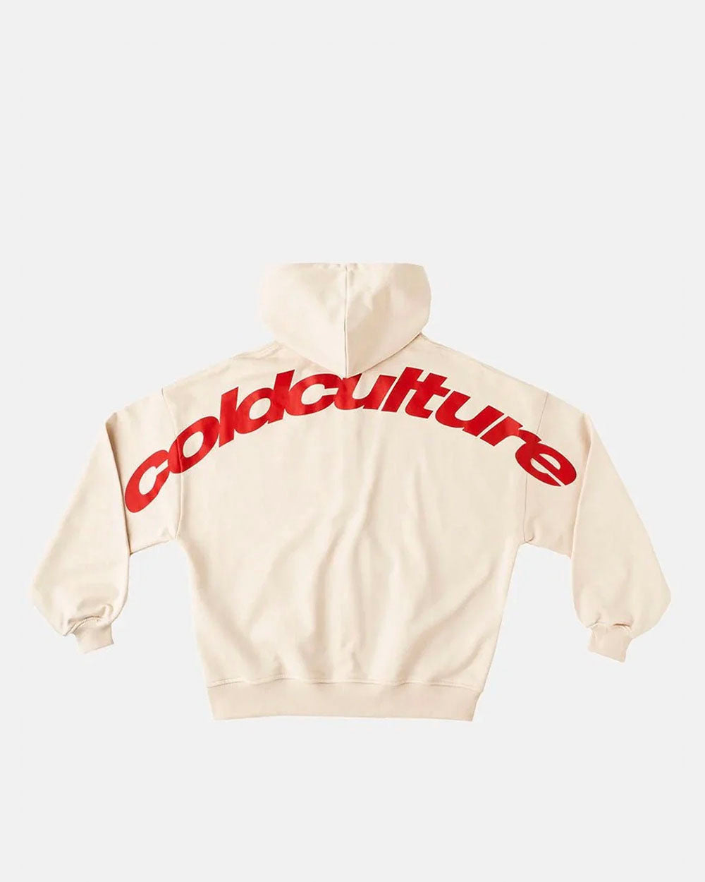 CURVED ZIP HOODIE CREAM - cream logo print zip hoodie, back view - Cold Culture #packshot