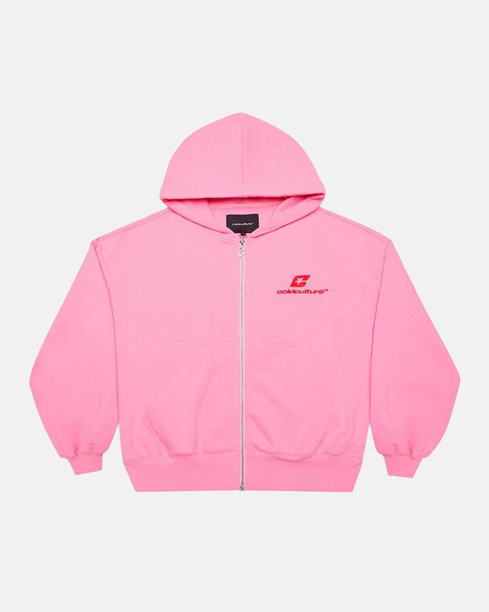 CURVED ZIP HOODIE PINK & RED - pink zip-up hoodie, front view - Cold Culture #packshot