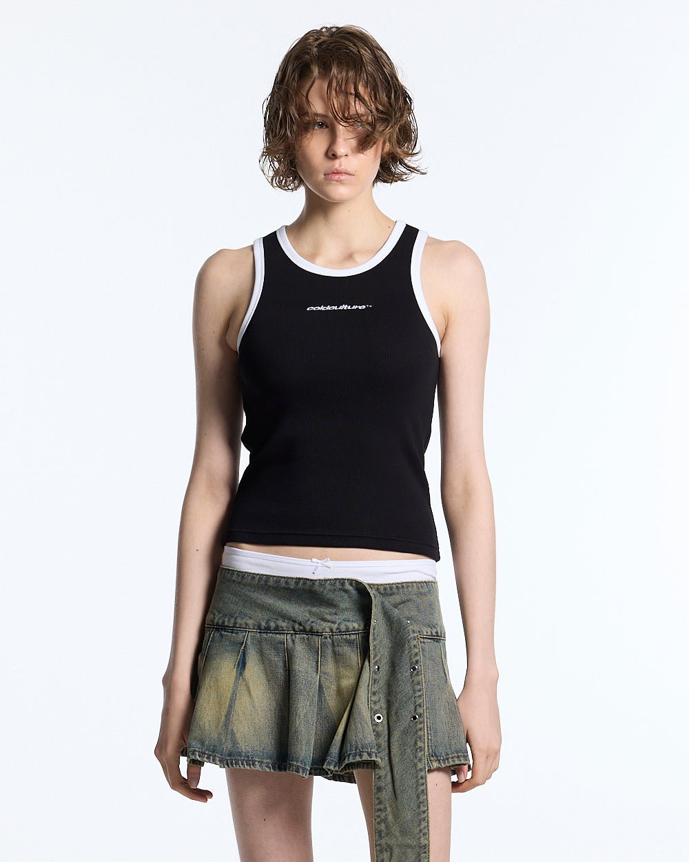 CUTE TANK TOP BLACK - black contrast trim tank top, front view on female model - Cold Culture #woman