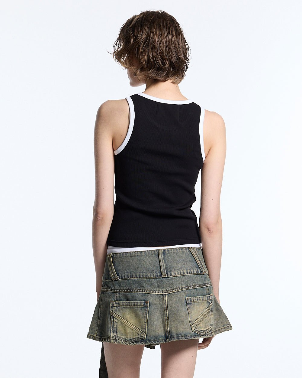 CUTE TANK TOP BLACK - black contrast trim tank top, back view on female model - Cold Culture #woman