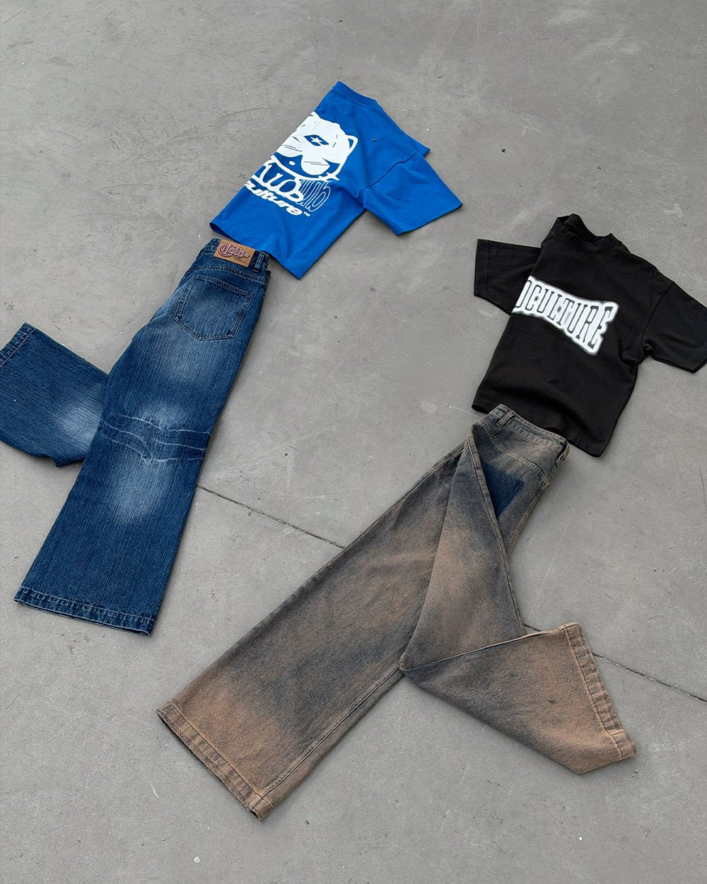 D-STRESSED V3 PANTS WASHED DENIM - distressed washed denim pants, flat lay with matching pieces - Cold Culture