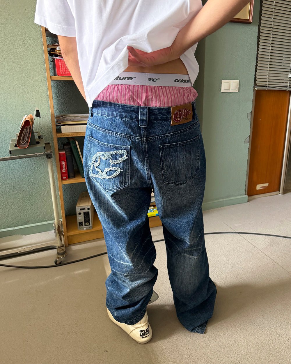 D-STRESSED V3 PANTS WASHED DENIM - distressed washed denim pants, back view on male model - Cold Culture