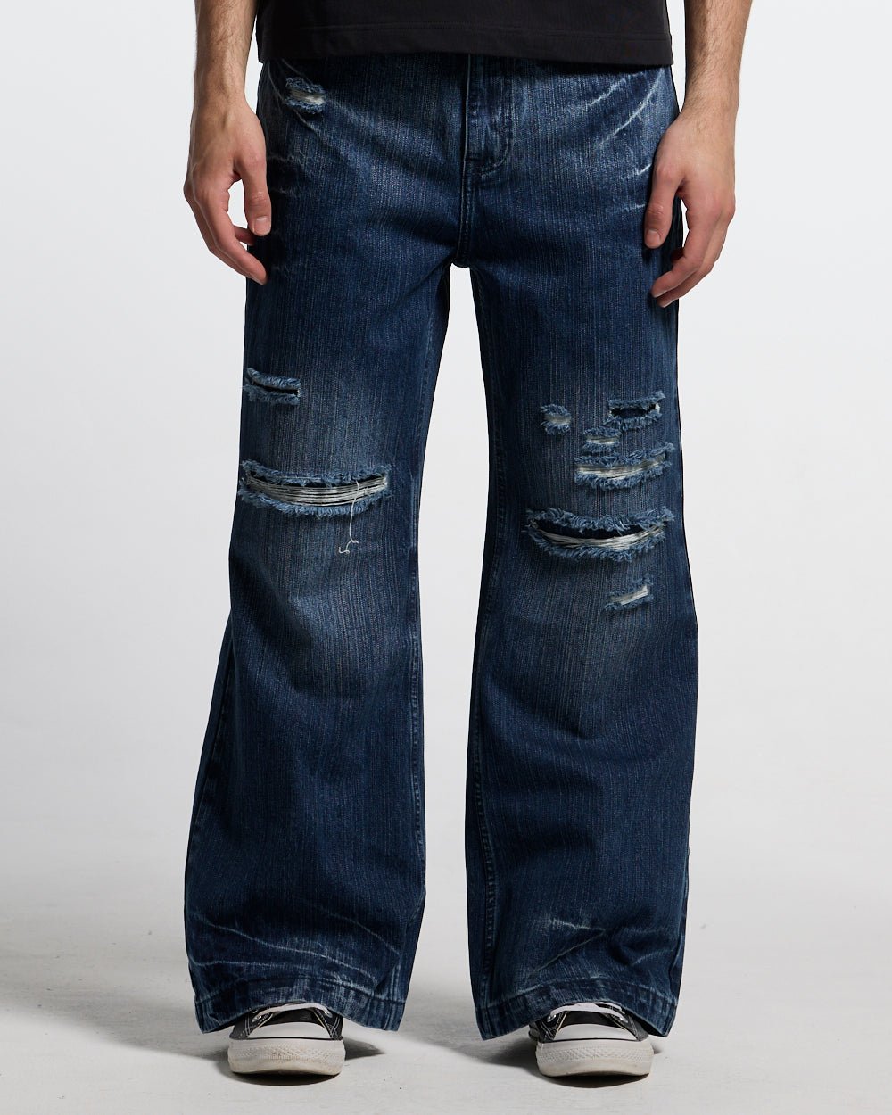 D-STRESSED V3 PANTS WASHED DENIM - distressed washed denim pants, front view on male model - Cold Culture
