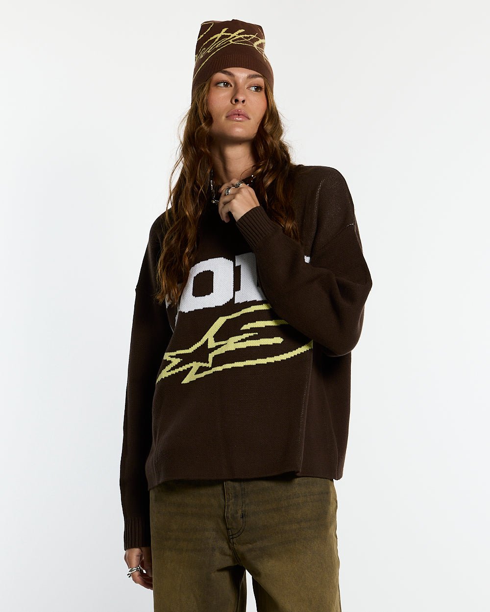 DAILY KNIT BROWN - brown graphic print knit sweater, front view on female model - Cold Culture #woman