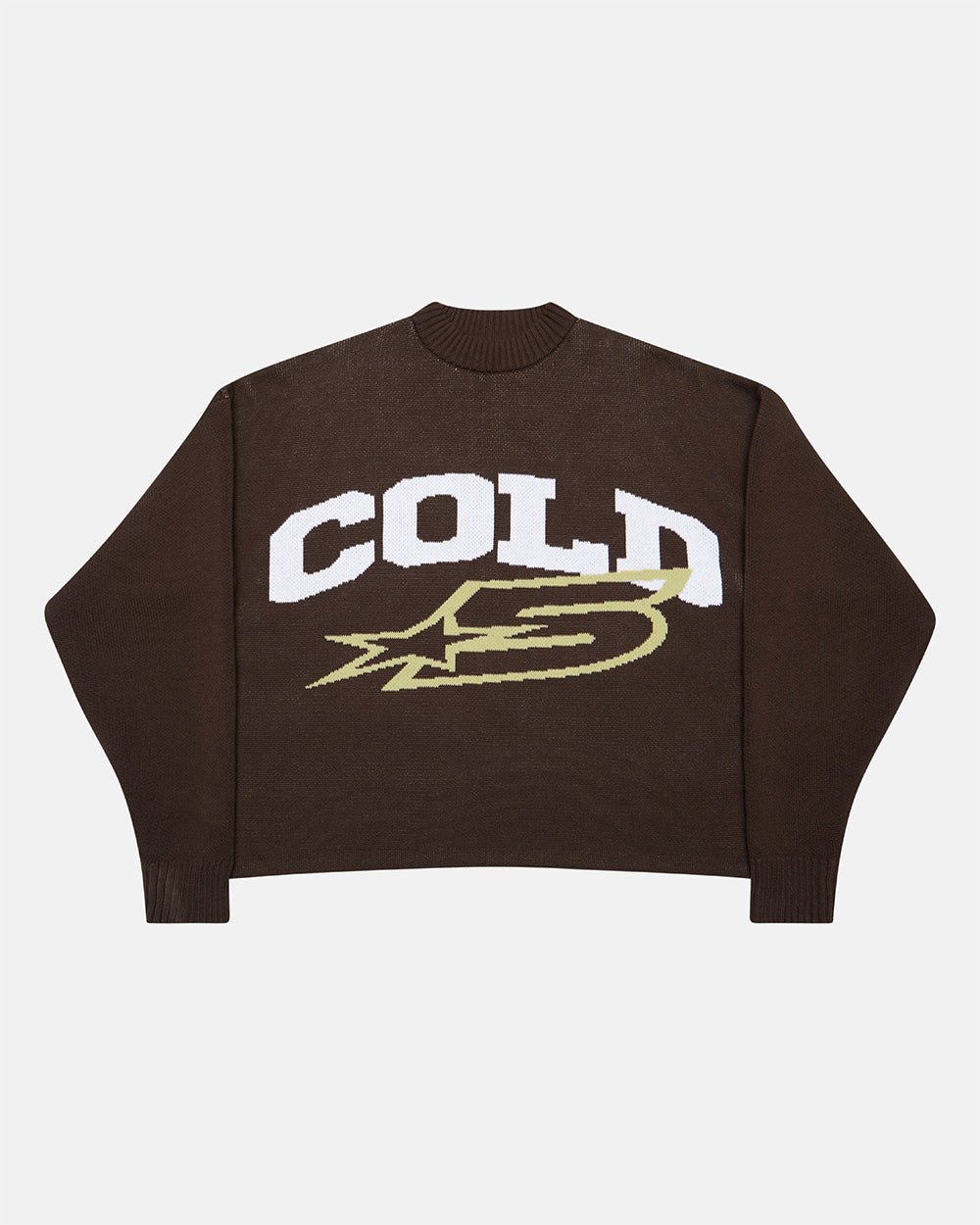 DAILY KNIT BROWN - brown graphic print knit sweater, front view - Cold Culture #packshot