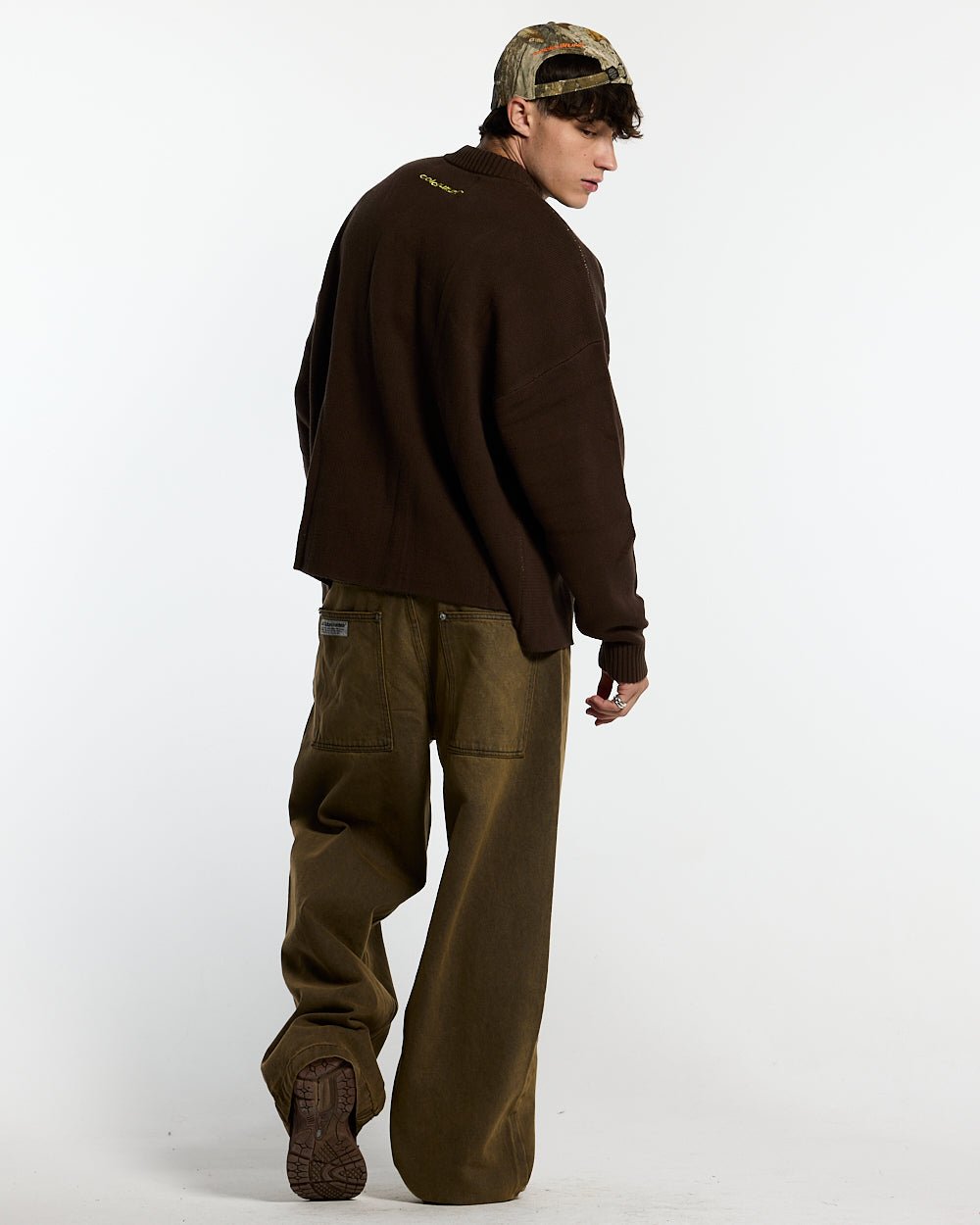 DAILY KNIT BROWN - brown graphic print knit sweater, back view on male model - Cold Culture #man