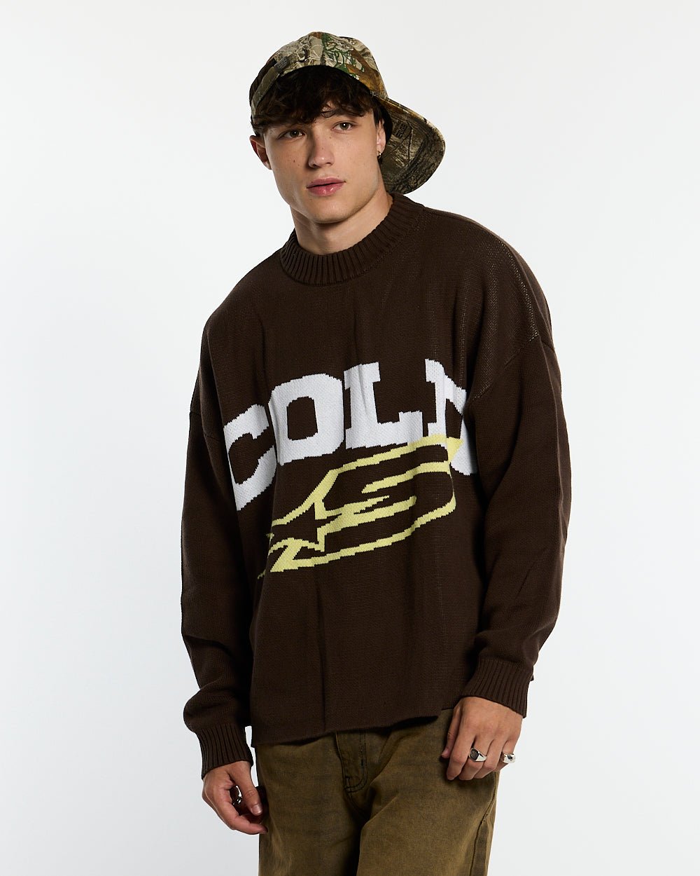 DAILY KNIT BROWN - brown graphic print knit sweater, front view on male model - Cold Culture #man