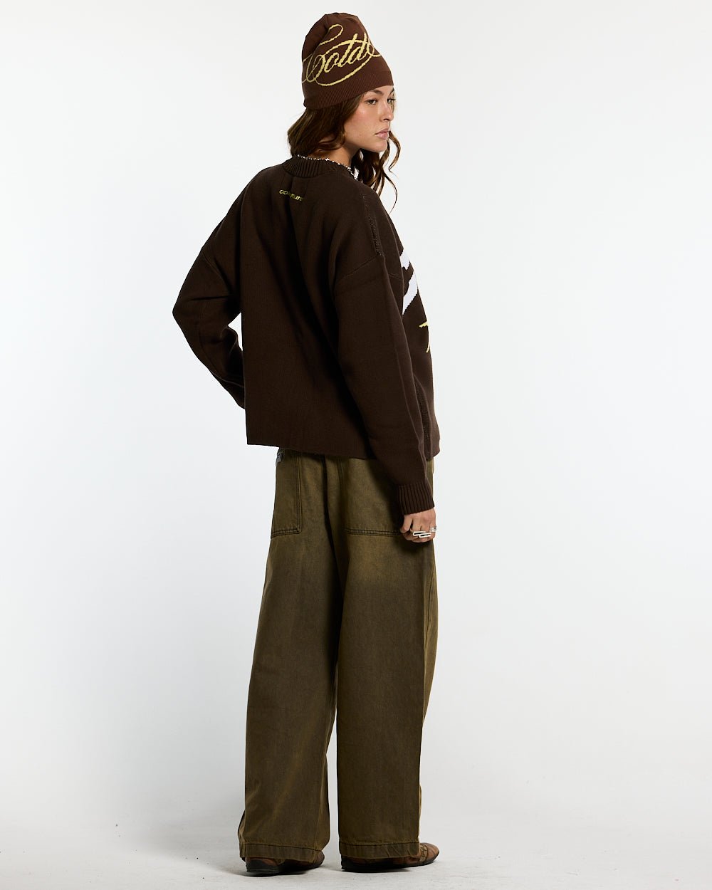 DAILY KNIT BROWN - brown graphic print knit sweater, back view on female model - Cold Culture #woman