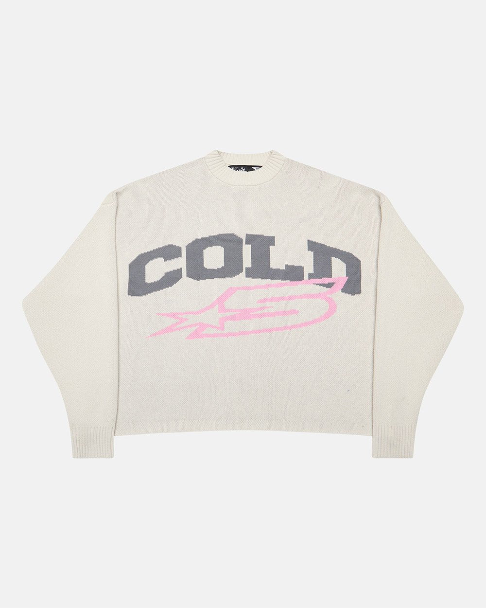 DAILY KNIT GREY - light grey graphic print knit sweater, front view - Cold Culture #packshot