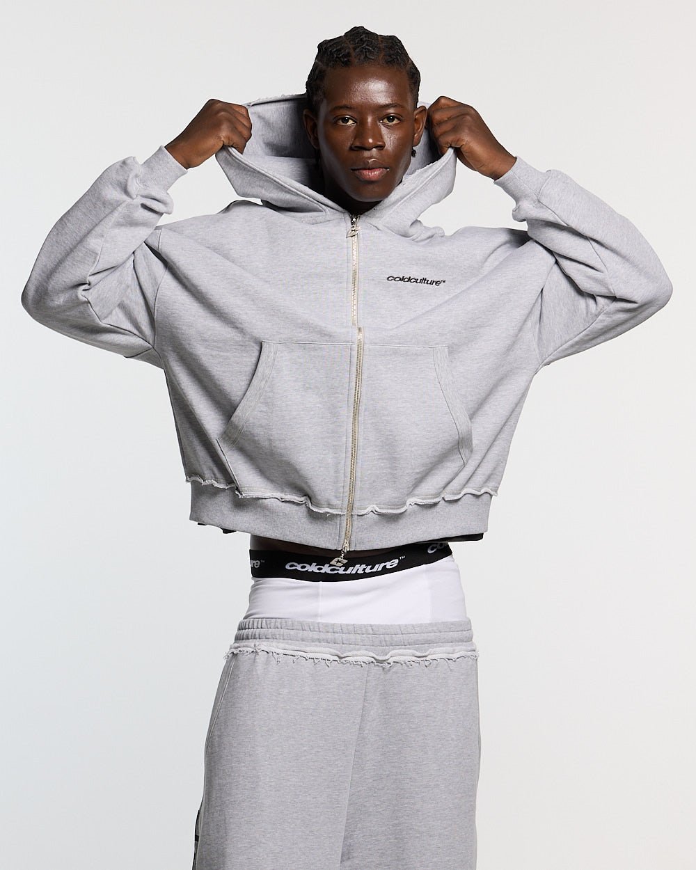 DAILY SET ZIP UP GREY MELANGE - grey melange zip-up hoodie, front view on male model - Cold Culture #man