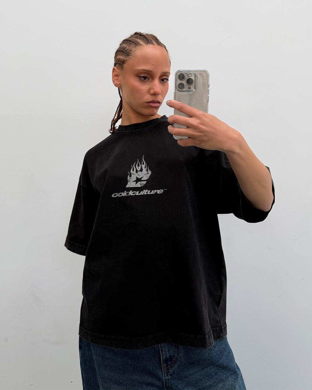 DARK FLAMES TEE BLACK - washed black tee, street style shot - Cold Culture #woman