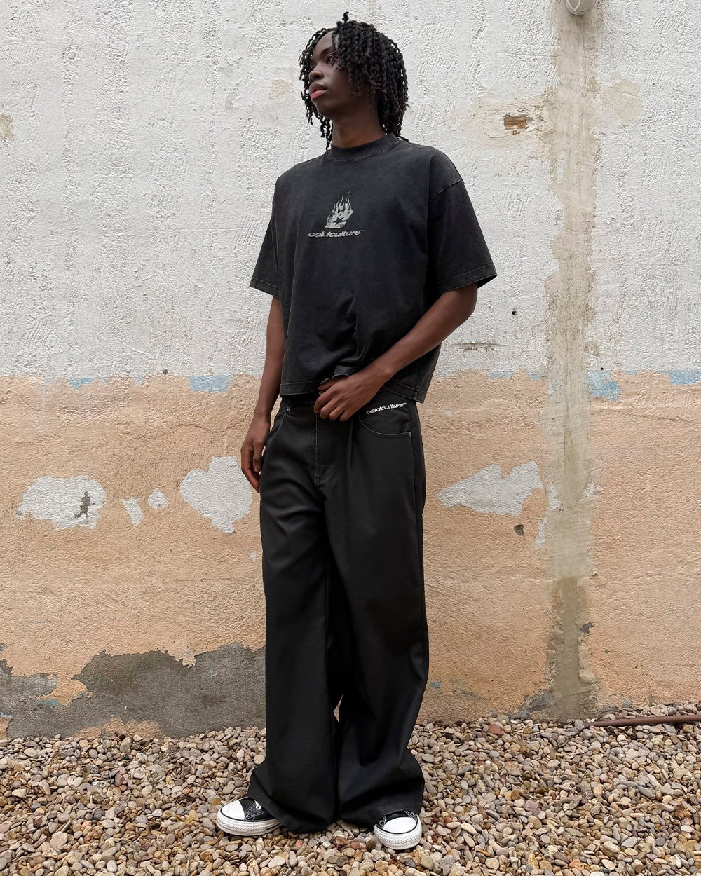 DARK FLAMES TEE BLACK - washed black tee, street style shot - Cold Culture