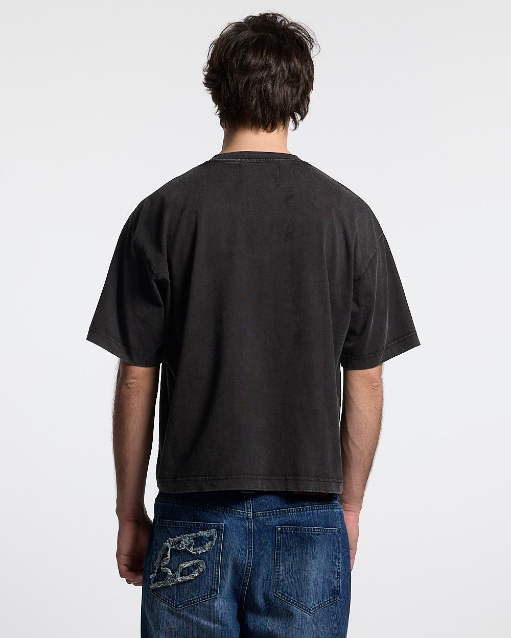 DARK FLAMES TEE BLACK - washed black tee, back view on male model - Cold Culture #man