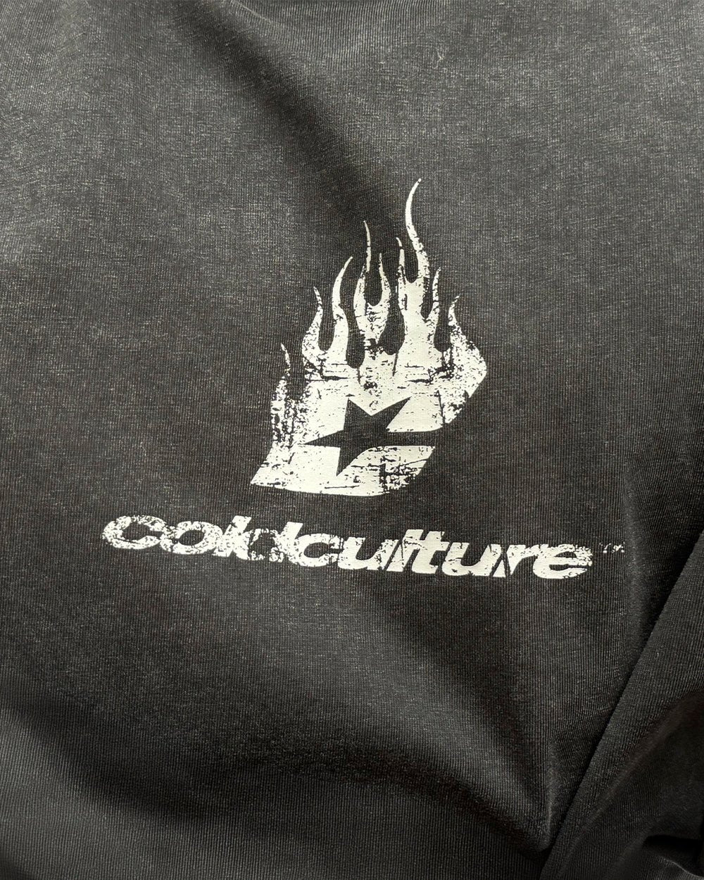DARK FLAMES TEE BLACK - washed black tee, detail close-up - Cold Culture