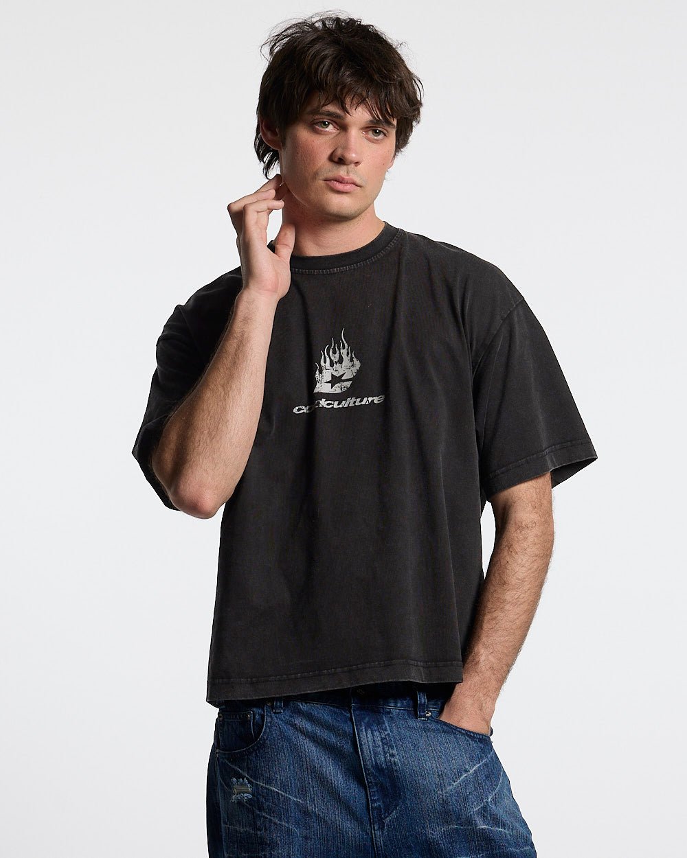 DARK FLAMES TEE BLACK - washed black tee, front view on male model - Cold Culture #man