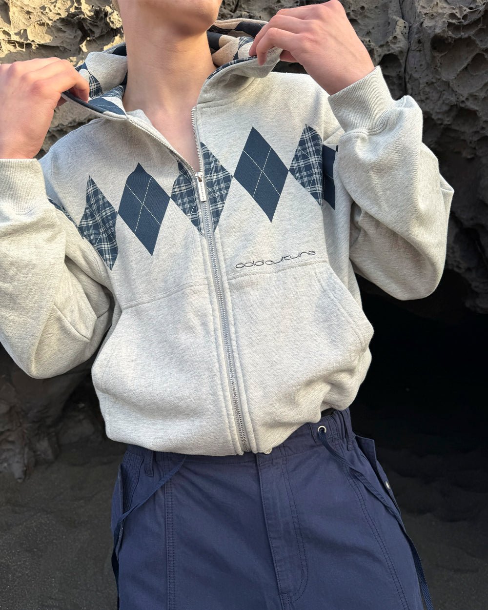 DECADE ZIP HOODIE HEATHER GREY - heather grey argyle zip hoodie, on model close-up - Cold Culture