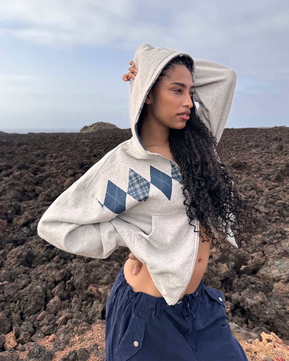 DECADE ZIP HOODIE HEATHER GREY - heather grey argyle zip hoodie, street style shot - Cold Culture #woman