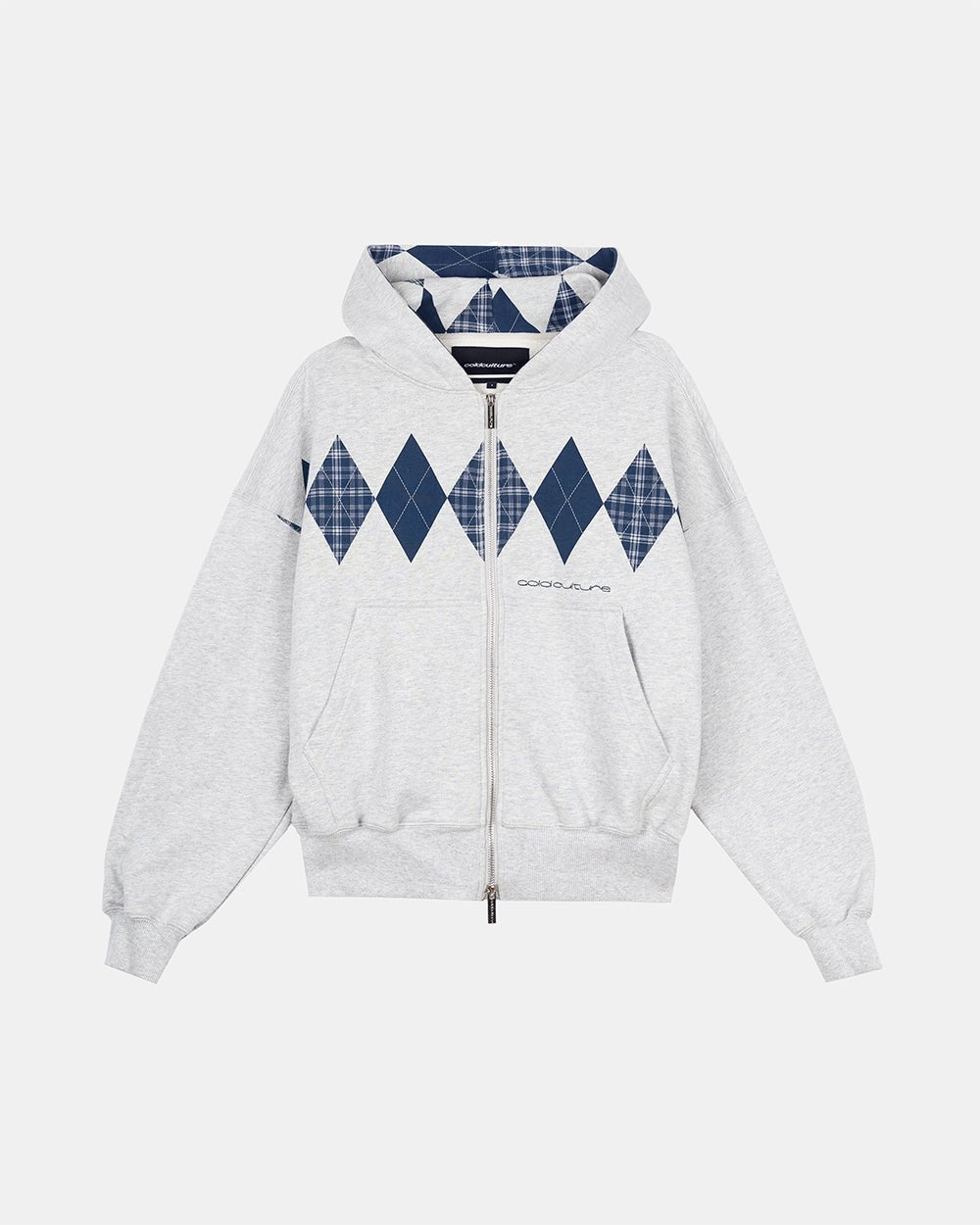 DECADE ZIP HOODIE HEATHER GREY - heather grey argyle zip hoodie, front view - Cold Culture #packshot