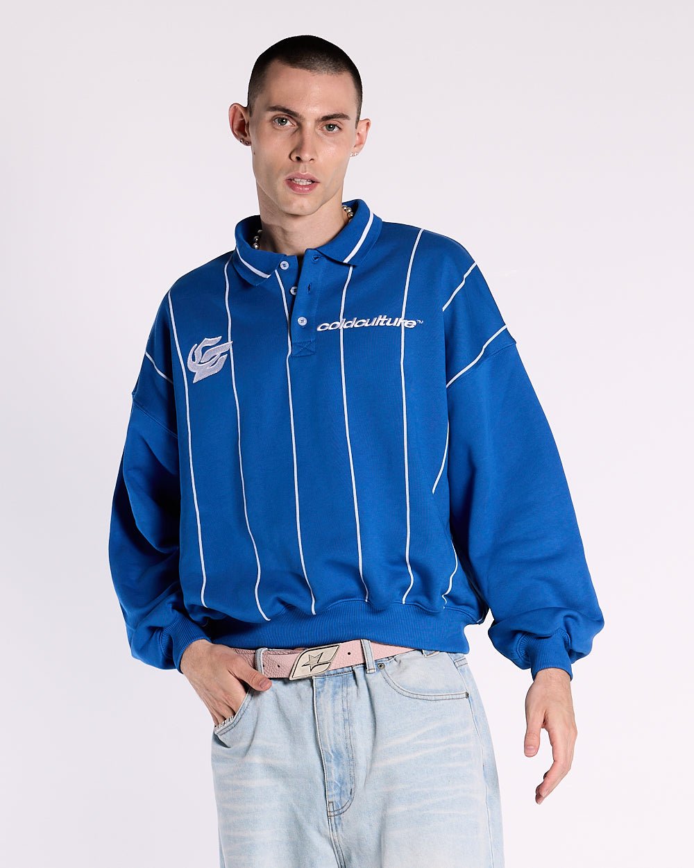 DEFENDER POLO DARK NAVY - blue pinstriped longsleeve polo, front view on male model - Cold Culture #man