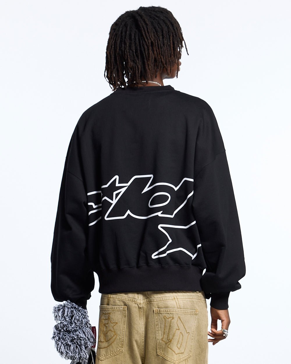 DEFENSE CREWNECK BLACK - black oversized crewneck sweatshirt, back view on male model - Cold Culture #man