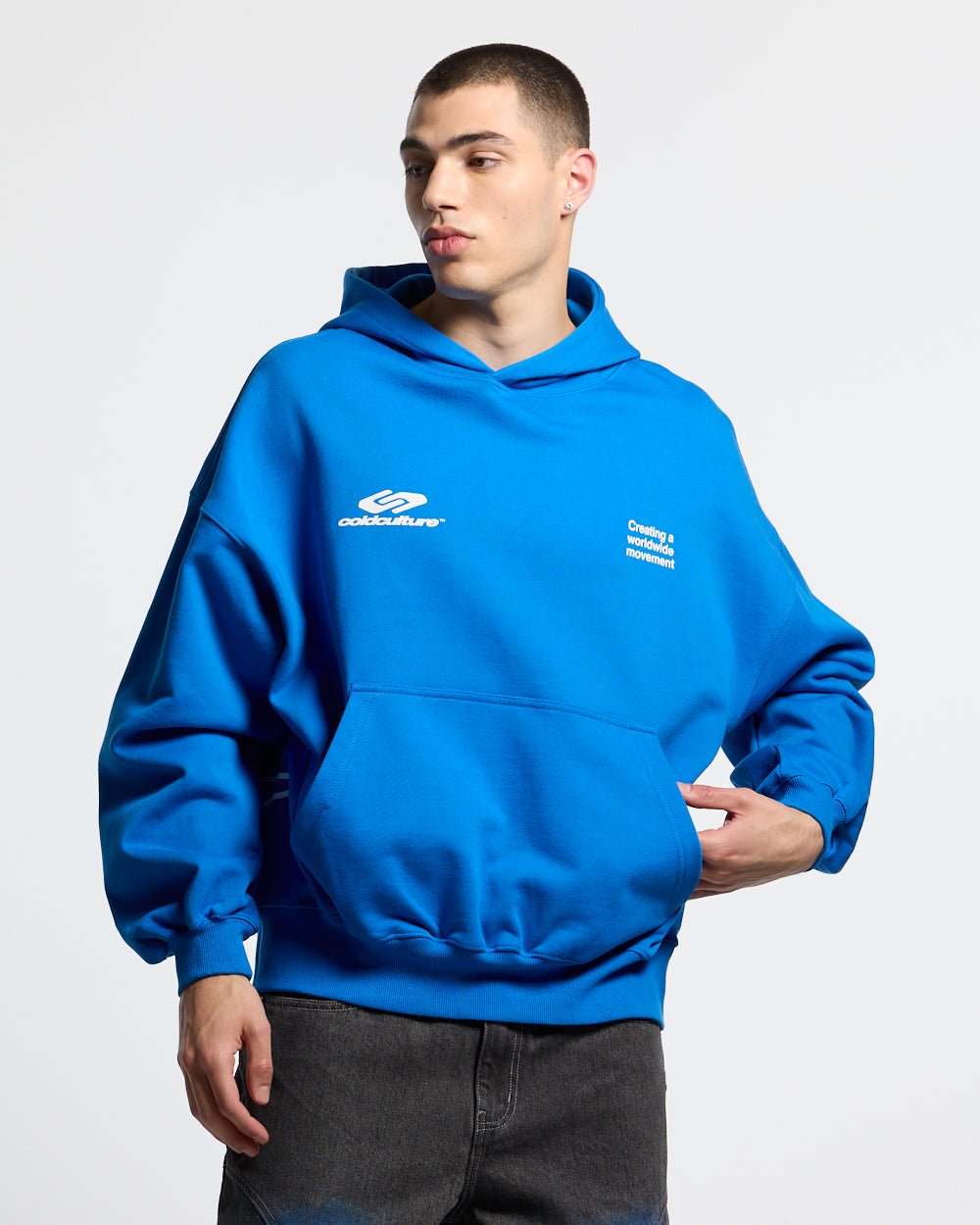 DEFENSE HOODIE ELECTRIC BLUE - royal blue graphic print hoodie, front view on male model - Cold Culture #man