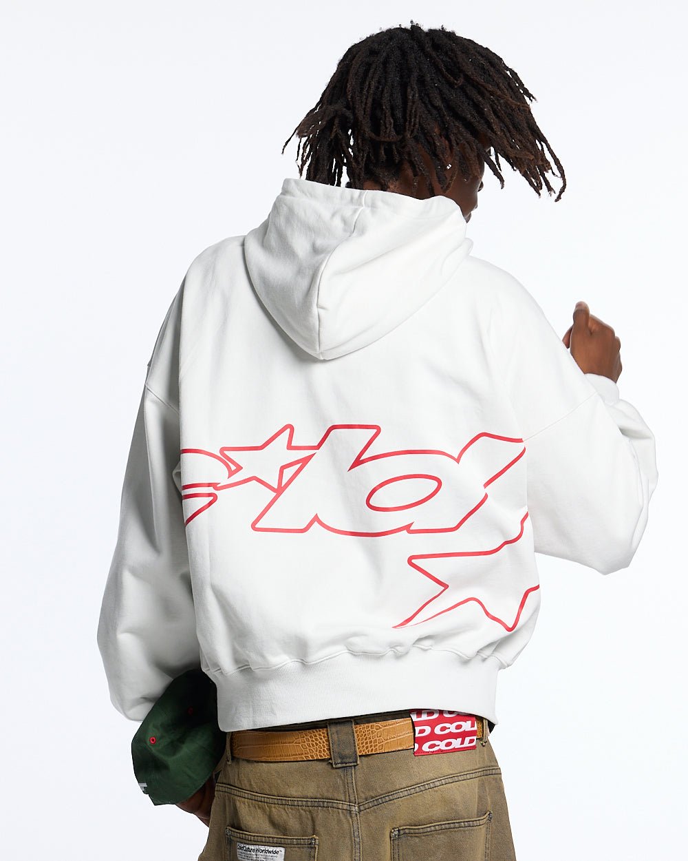 DEFENSE HOODIE LIGHT GREY & RED - light grey graphic print hoodie, back view on male model - Cold Culture #man