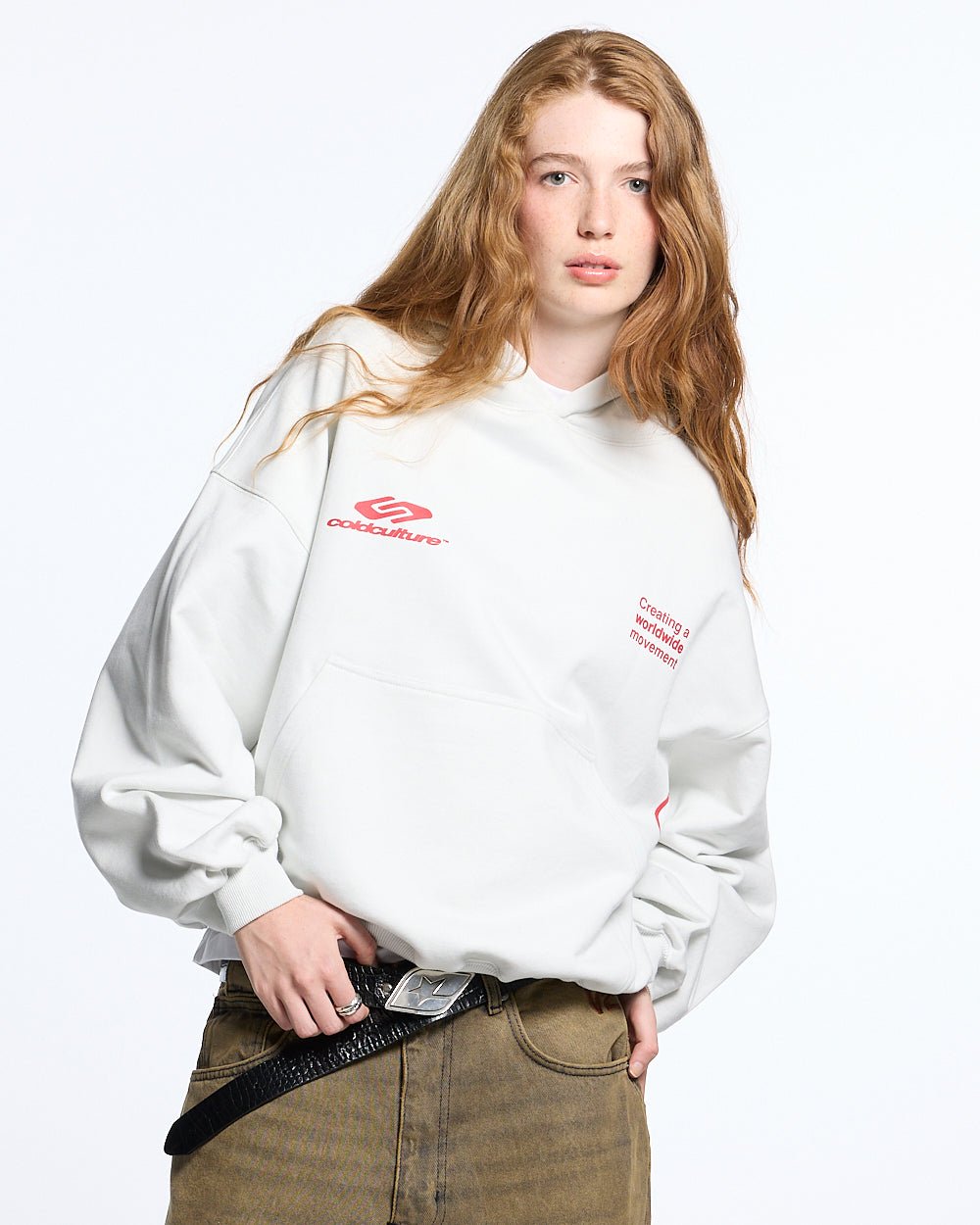 DEFENSE HOODIE LIGHT GREY & RED - light grey graphic print hoodie, front view on female model - Cold Culture #woman