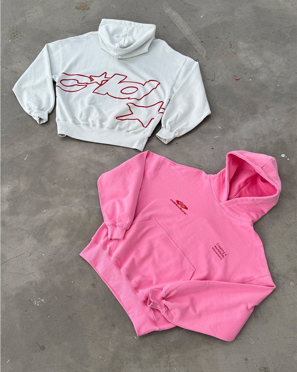 DEFENSE HOODIE PINK AND RED - pink oversized hoodie, flat lay with matching pieces - Cold Culture