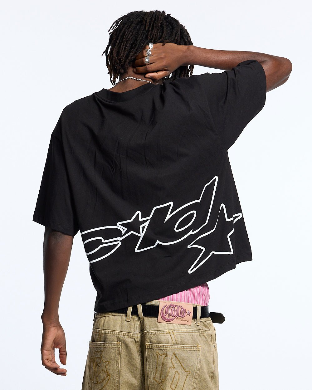 DEFENSE TEE BLACK - black oversized tee, back view on male model - Cold Culture #man