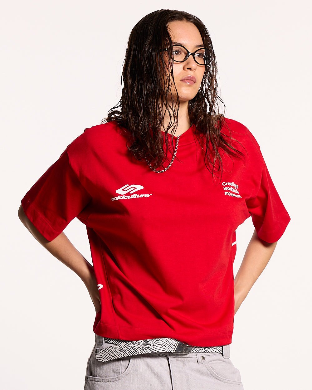 DEFENSE TEE RED - red graphic print tee, front view on female model - Cold Culture #woman