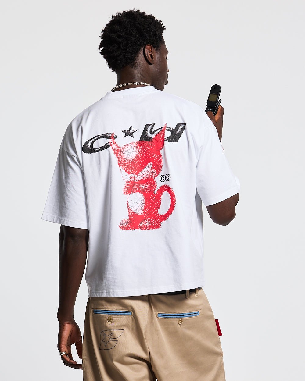 DEMON TEE WHITE - white graphic print tee, back view on male model - Cold Culture #man