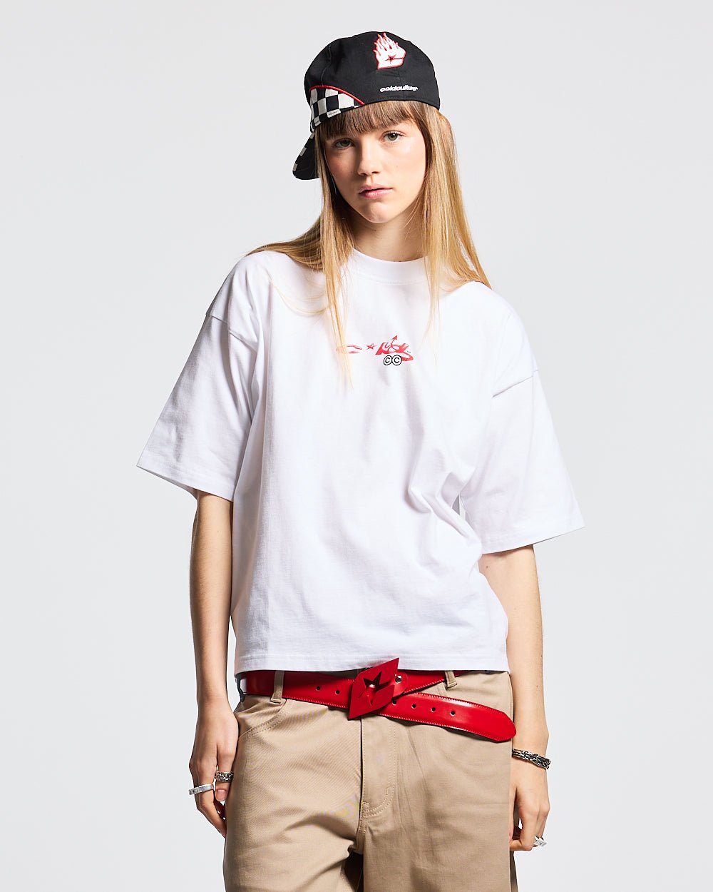 DEMON TEE WHITE - white graphic print tee, front view on female model - Cold Culture #woman