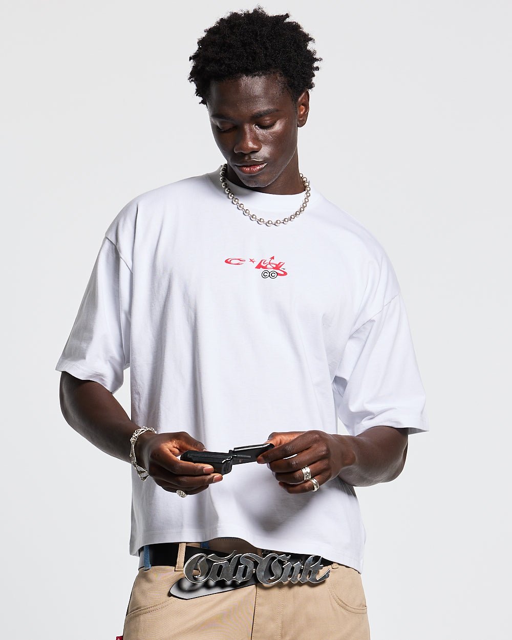 DEMON TEE WHITE - white graphic print tee, front view on male model - Cold Culture #man