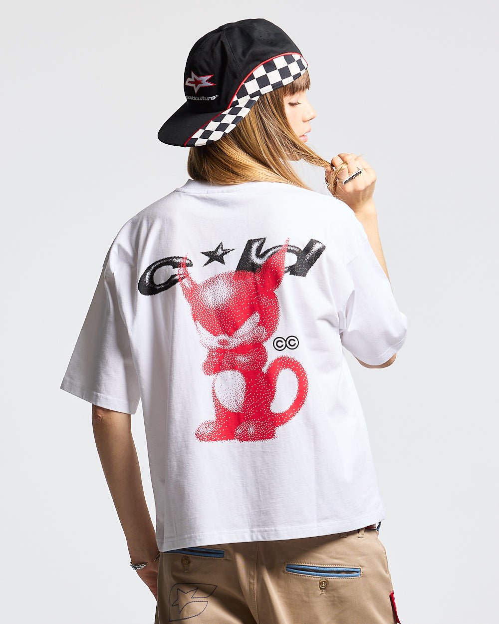 DEMON TEE WHITE - white graphic print tee, back view on female model - Cold Culture #woman