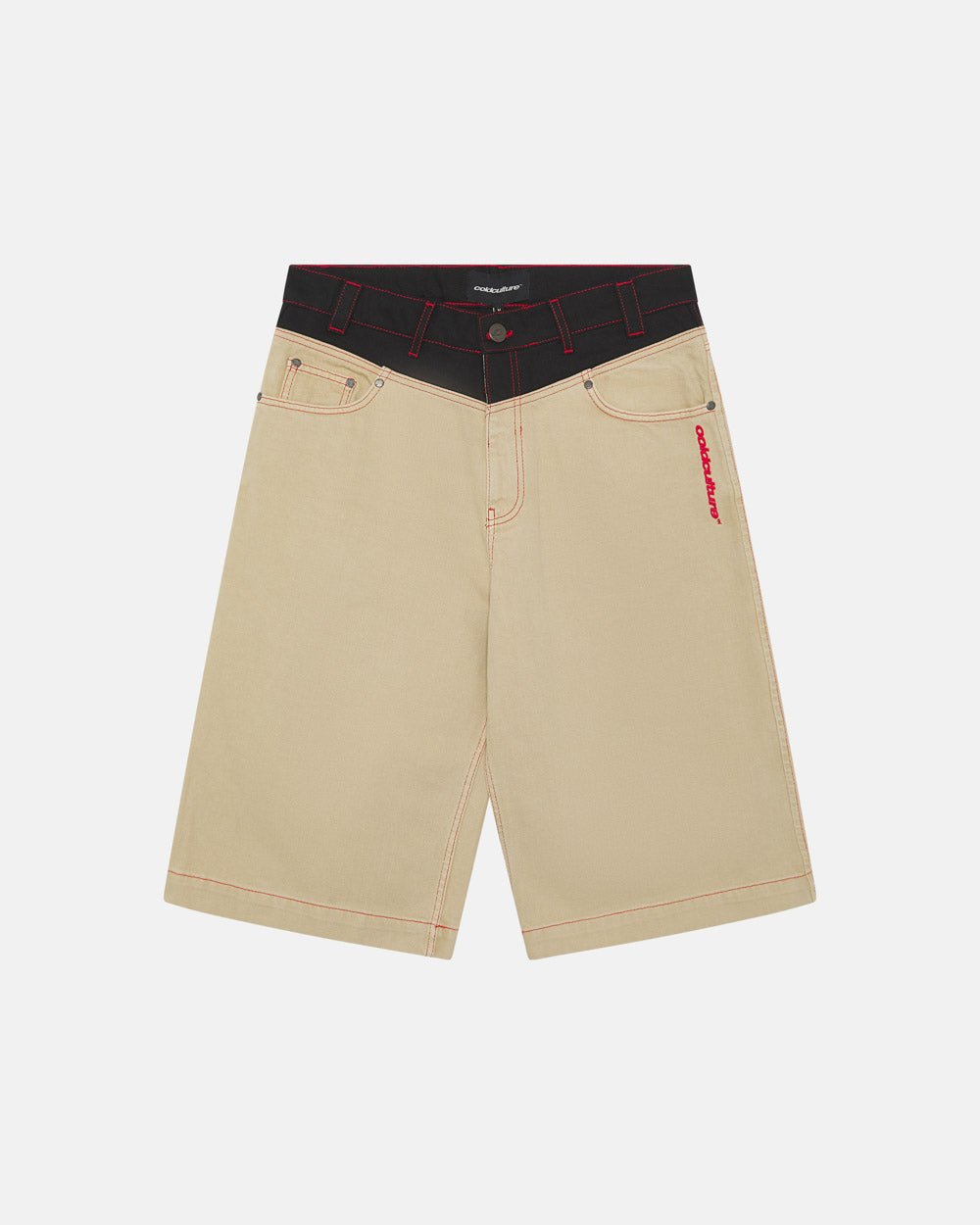 DESERT SHORT - baggy beige denim shorts, front view - Cold Culture #packshot