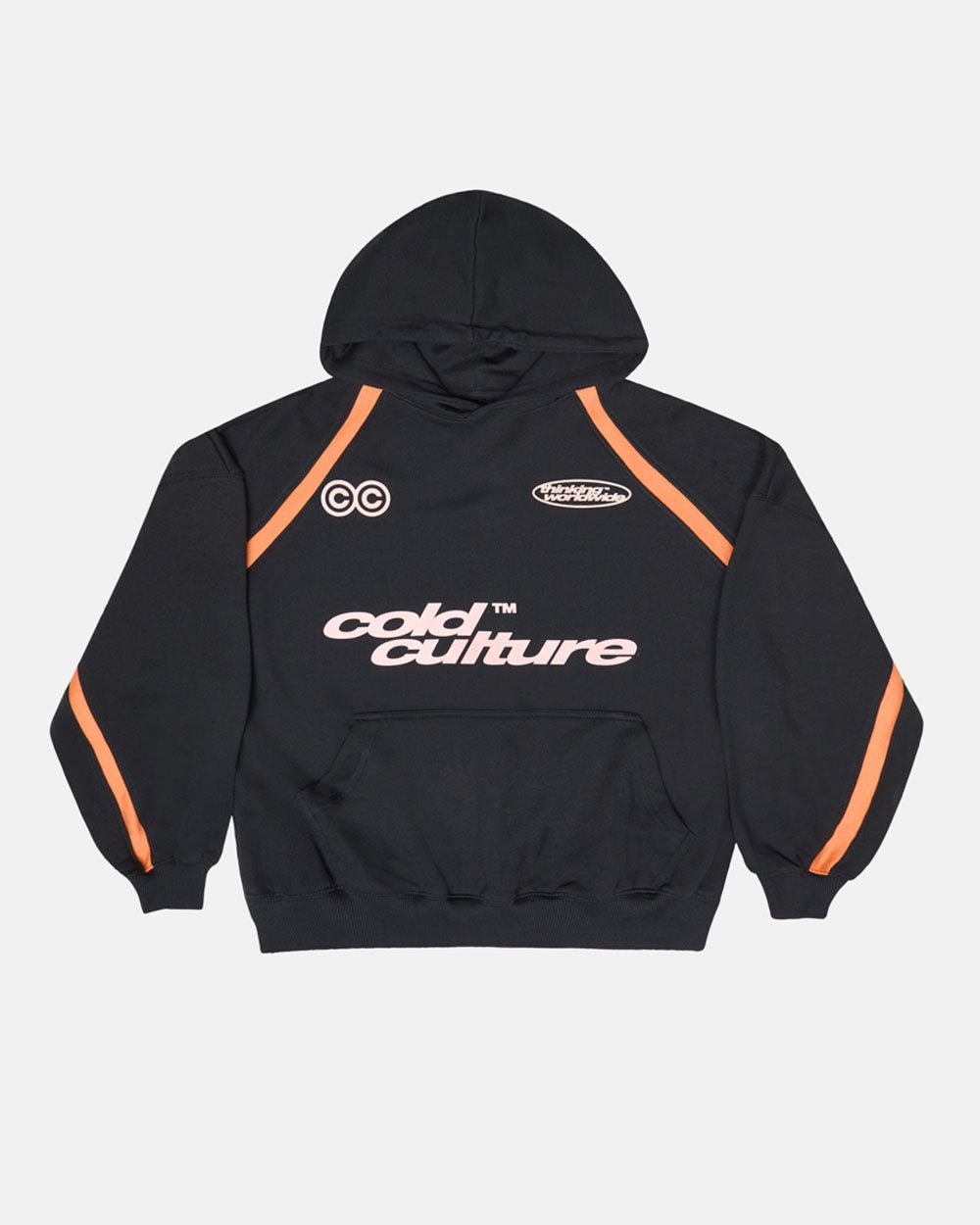 DETAILED HOODIE BLACK - black and orange hoodie, front view - Cold Culture #packshot