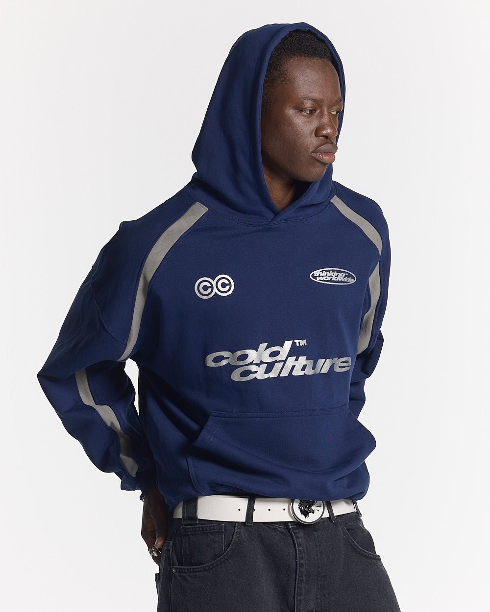 DETAILED HOODIE INDIGO BLUE - navy hoodie with contrast piping, front view on male model - Cold Culture #man
